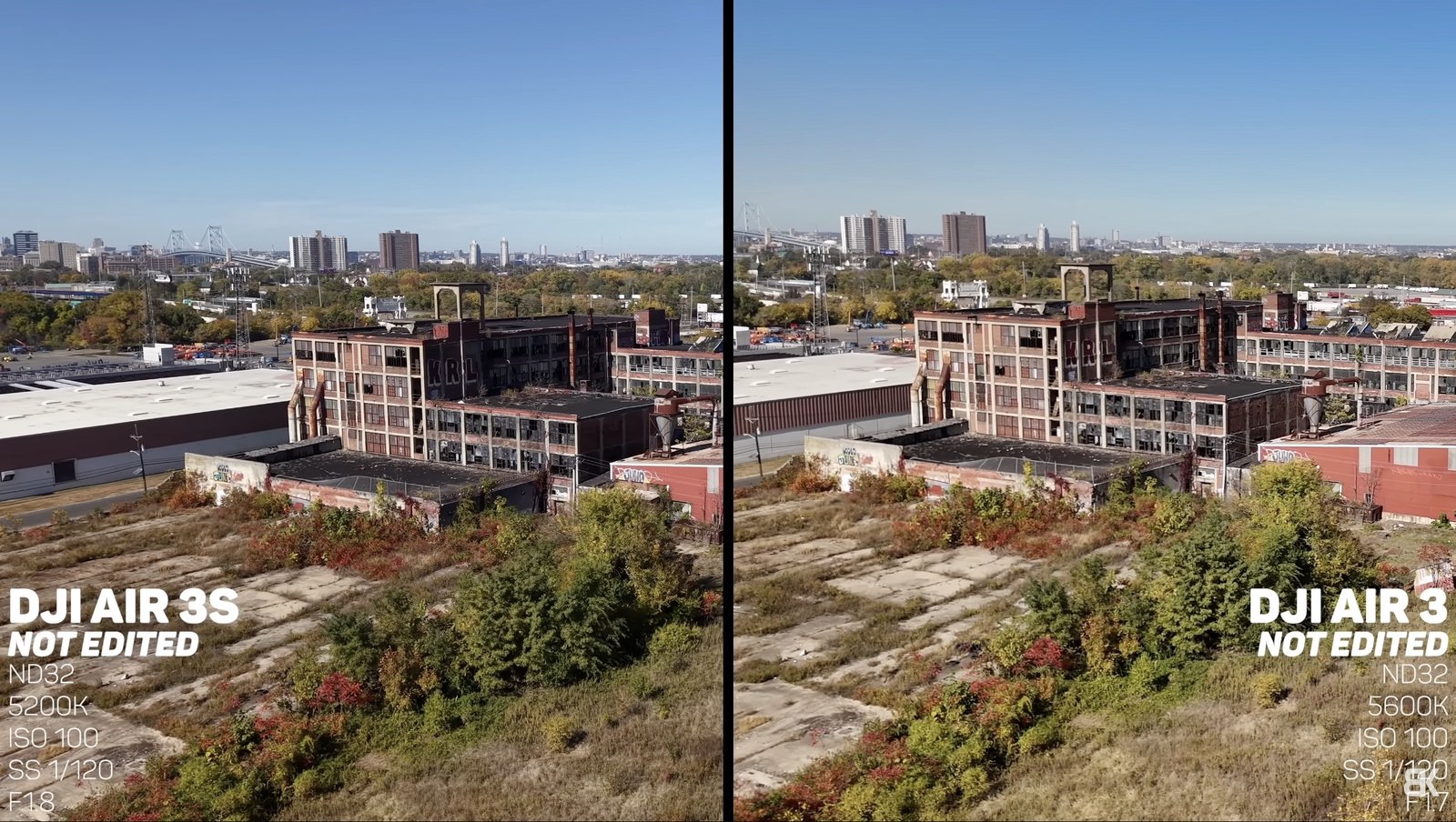 Split-screen aerial of a derelict factory complex comparing Air 3S and Air 3 footage.