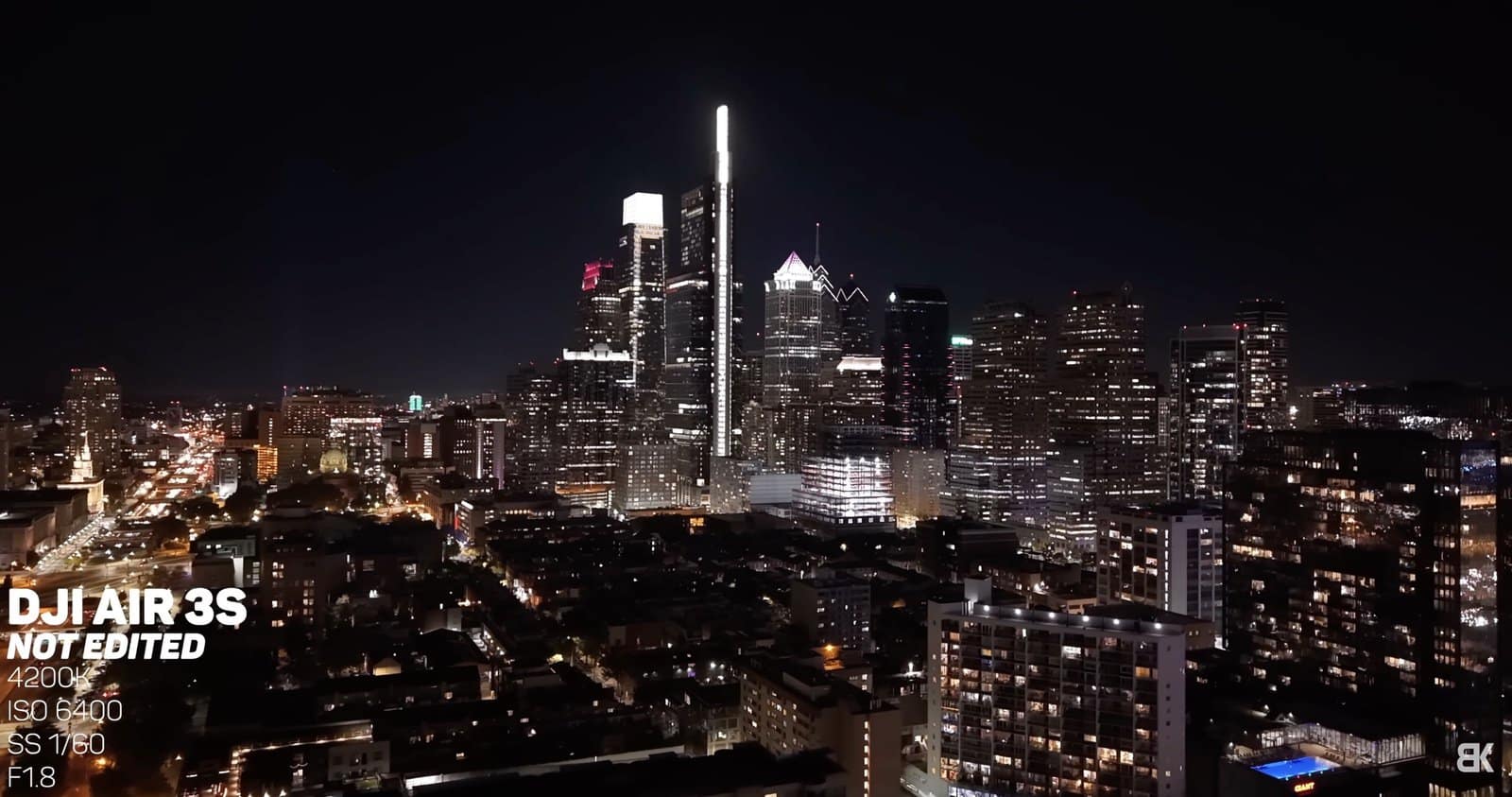 Night aerial of the illuminated Philadelphia skyline shot at ISO 6400.