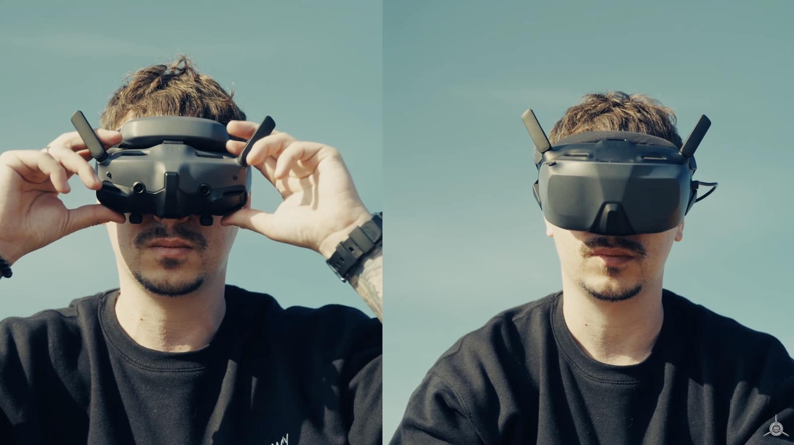 Reviewer pulling on the boxy Goggles N3 beside a shot of the slimmer Goggles 3.