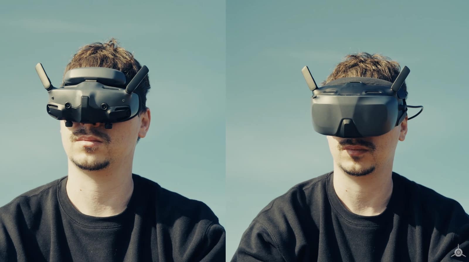 Front-on comparison of both goggle models covering the reviewer eyes against a blue sky.