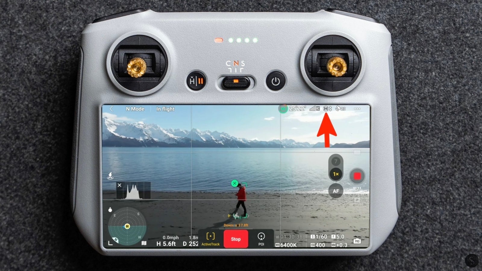 Screenshot of the DJI Fly app showing the GPS satellite count before takeoff.