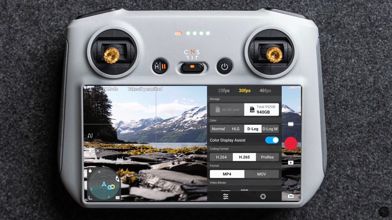 DJI RC Pro screen with D-Log color and the H.265 codec selected.