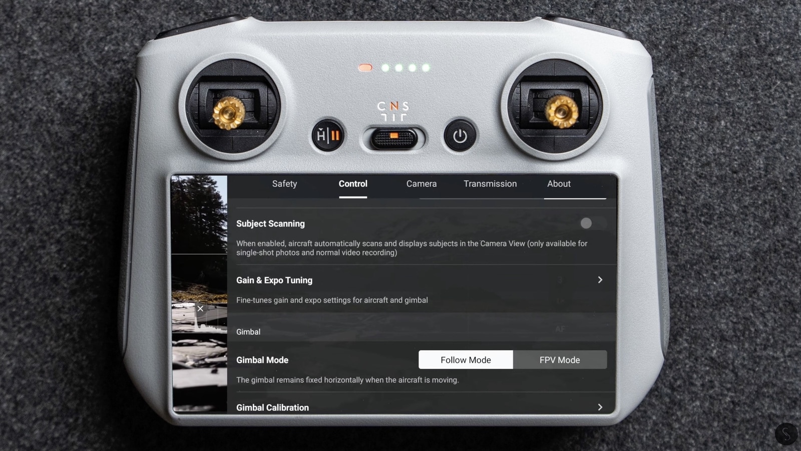 Controller open on the Control tab with Follow Mode chosen for the gimbal.