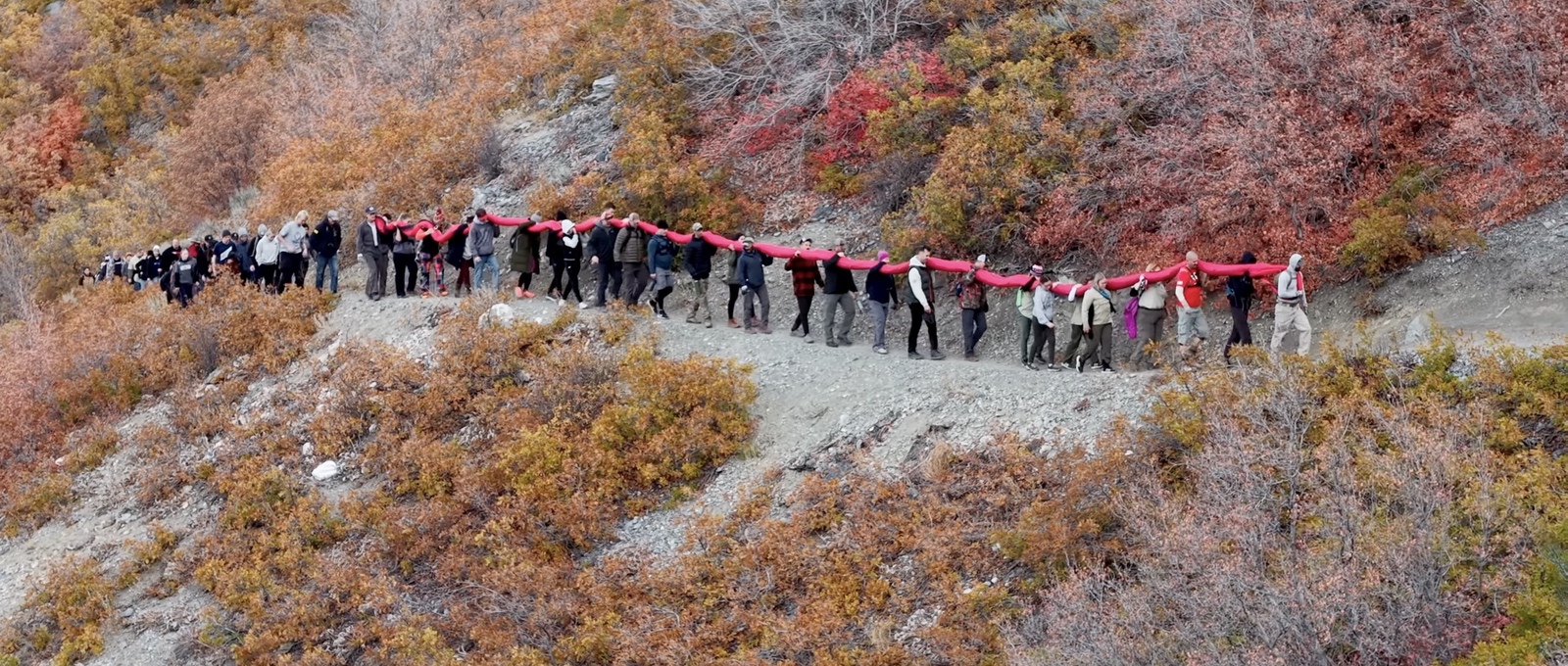 Aerial view of roughly 100 volunteers carrying the rolled flag up a switchback trail.