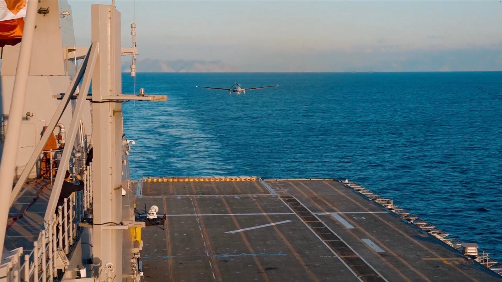 The TB3 airborne over the waters where the Aegean meets the Mediterranean.