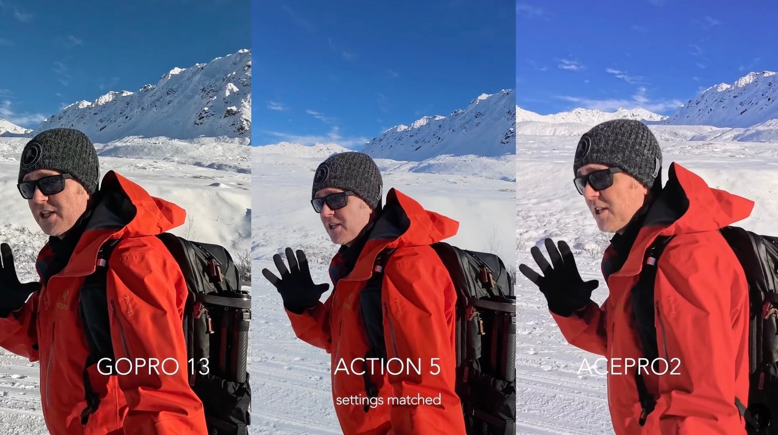 Close-focus test frames from the Insta360 Ace Pro 2, DJI Action 5 Pro, and GoPro Hero 13 Black.