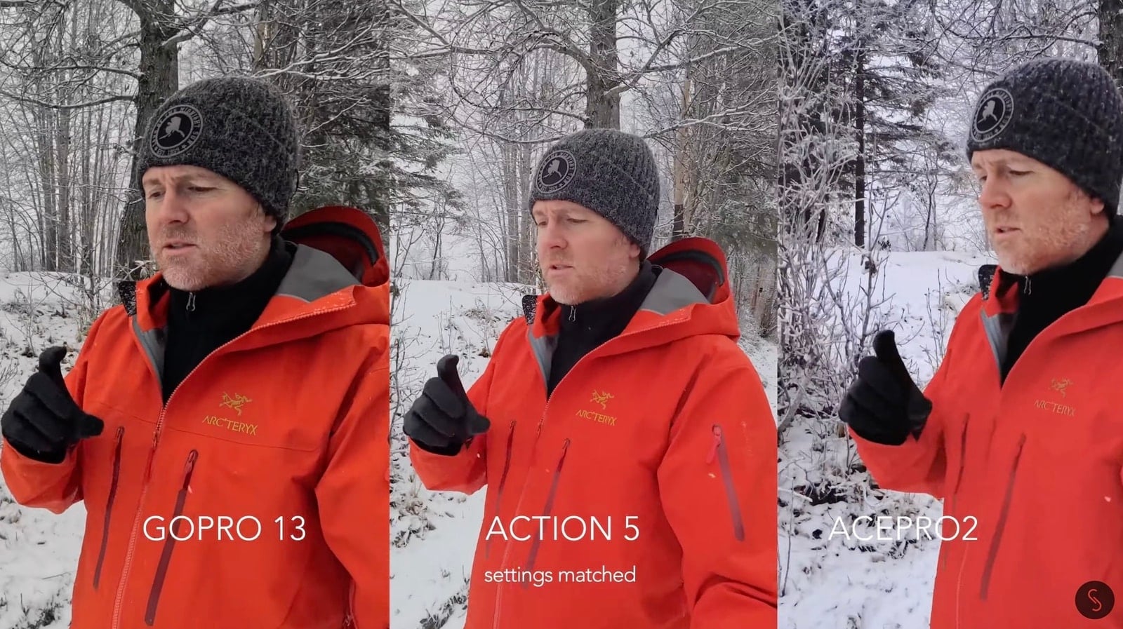 A detail comparison where the Ace Pro 2 renders a knitted hat softer than the other two cameras.