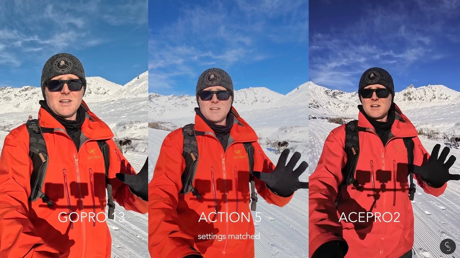 Bright snow footage where the Action 5 Pro and Hero 13 hold color better than the Ace Pro 2.