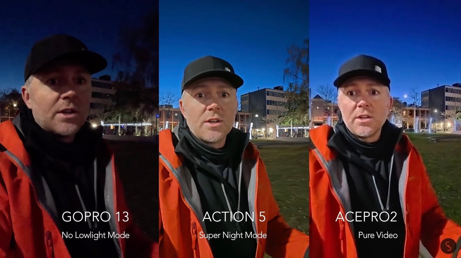 Low-light frames comparing Insta360 Pure Video, DJI Super Night mode, and the GoPro Hero 13.