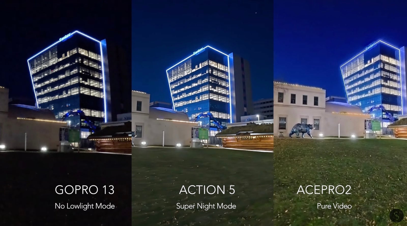 Three-way night test of a lit building labeled GoPro 13, Action 5 and Ace Pro 2.