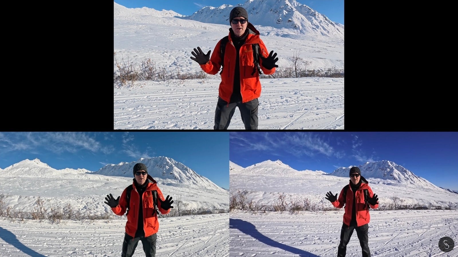 Field-of-view comparison of a man in a red jacket on a snowy mountain slope.