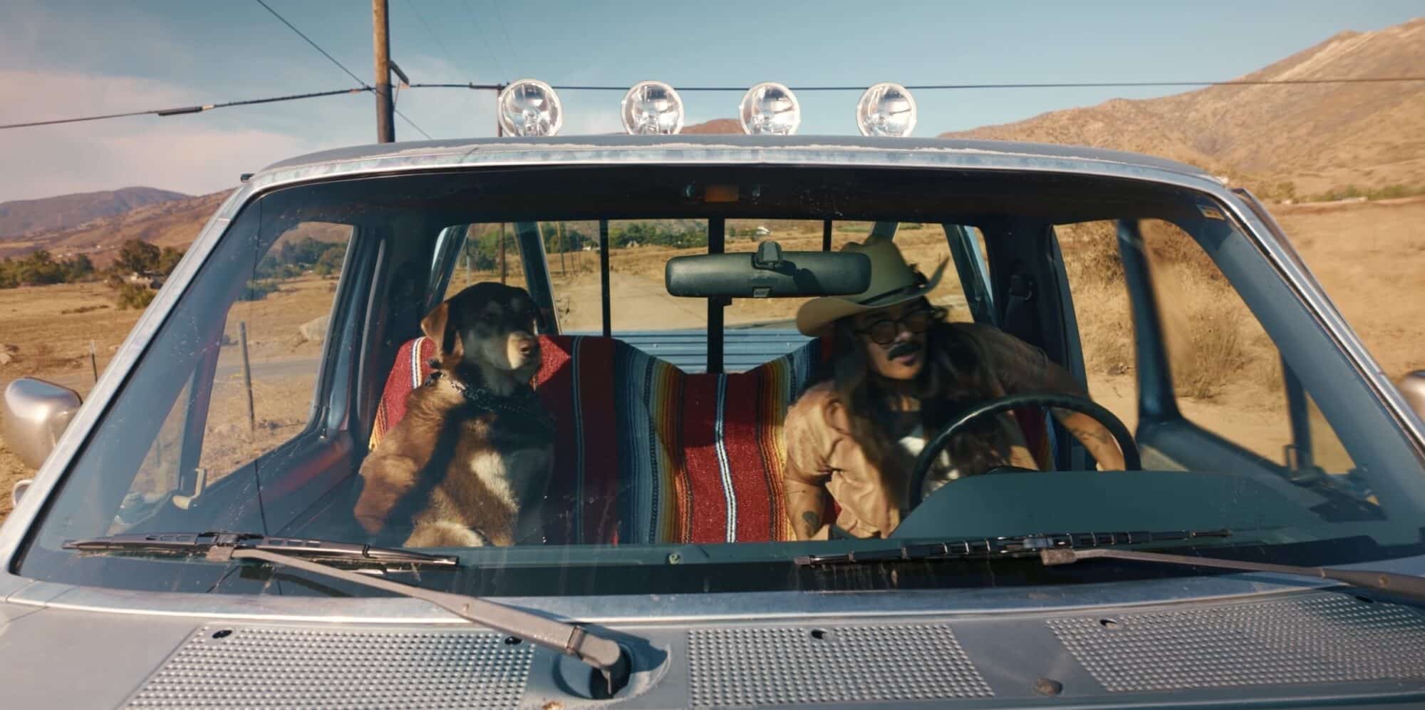 Hood-mounted camera view through the windshield of a dog and a driver in a cowboy hat.