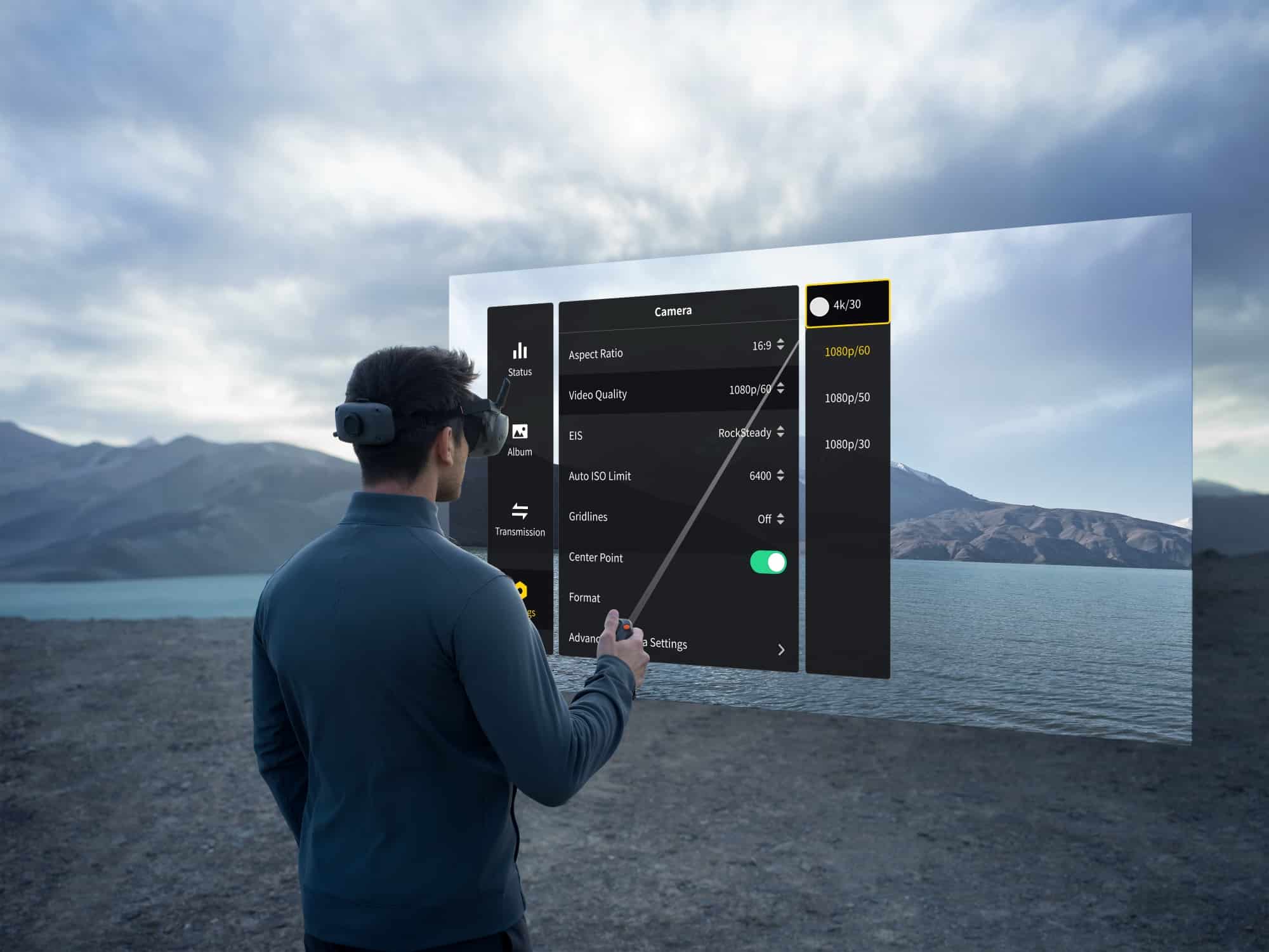 Pilot pointing the motion controller at a floating camera settings menu over a lake.