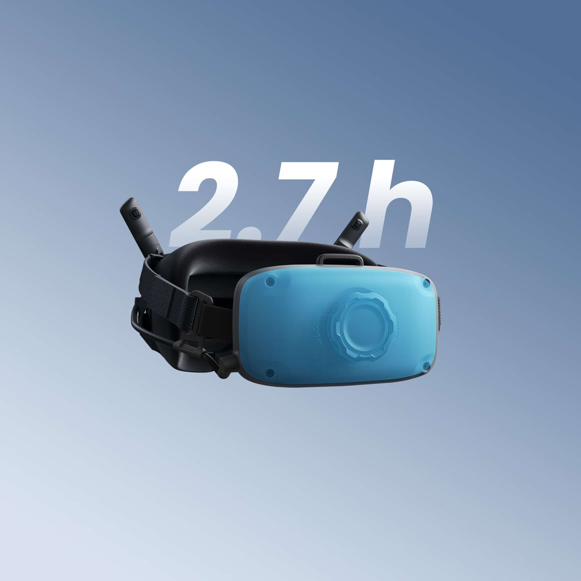 Goggles N3 with a blue lens cover next to a 2.7-hour battery life graphic.