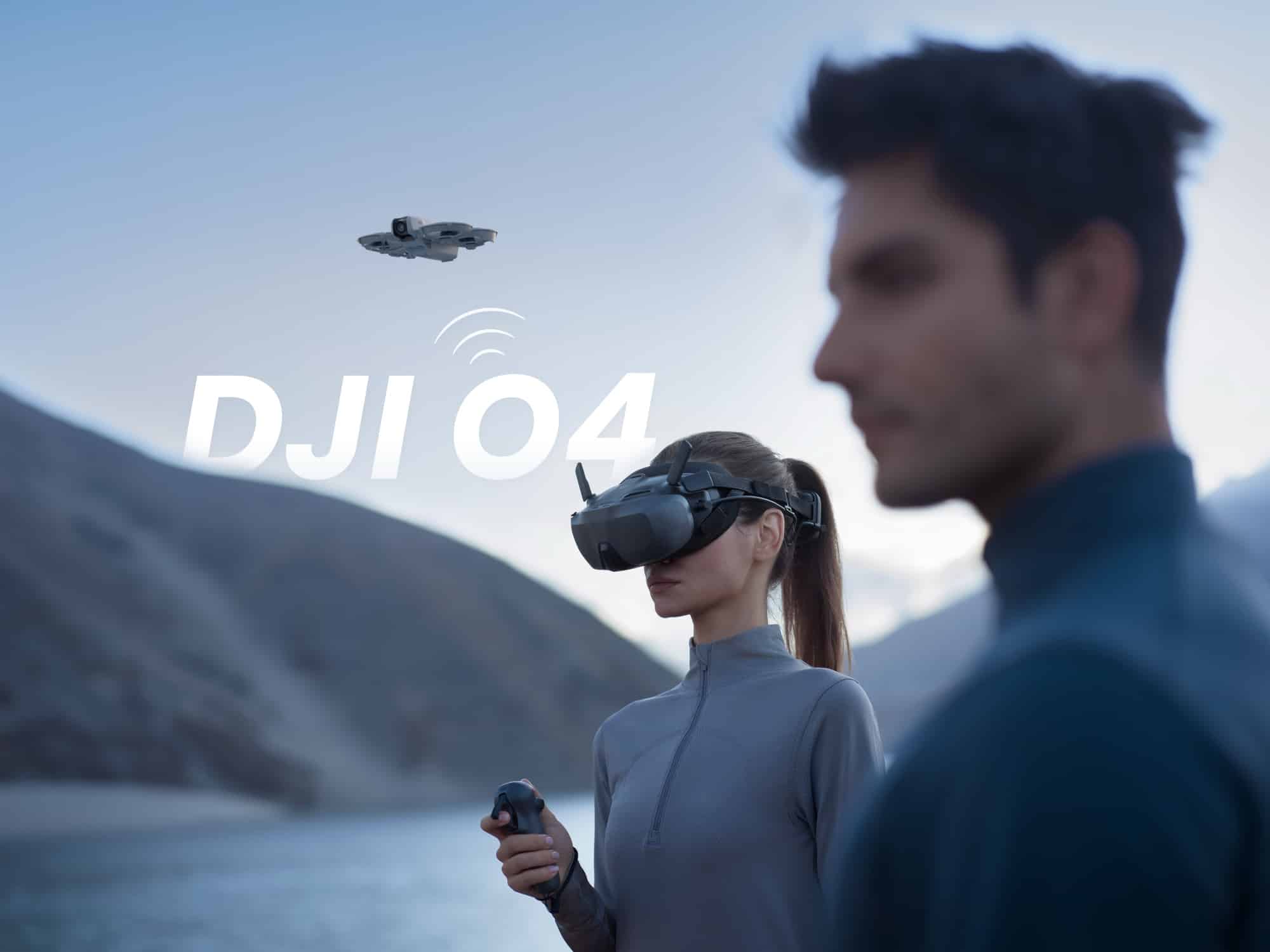 DJI O4 transmission graphic beside a pilot in goggles and a distant hovering drone.