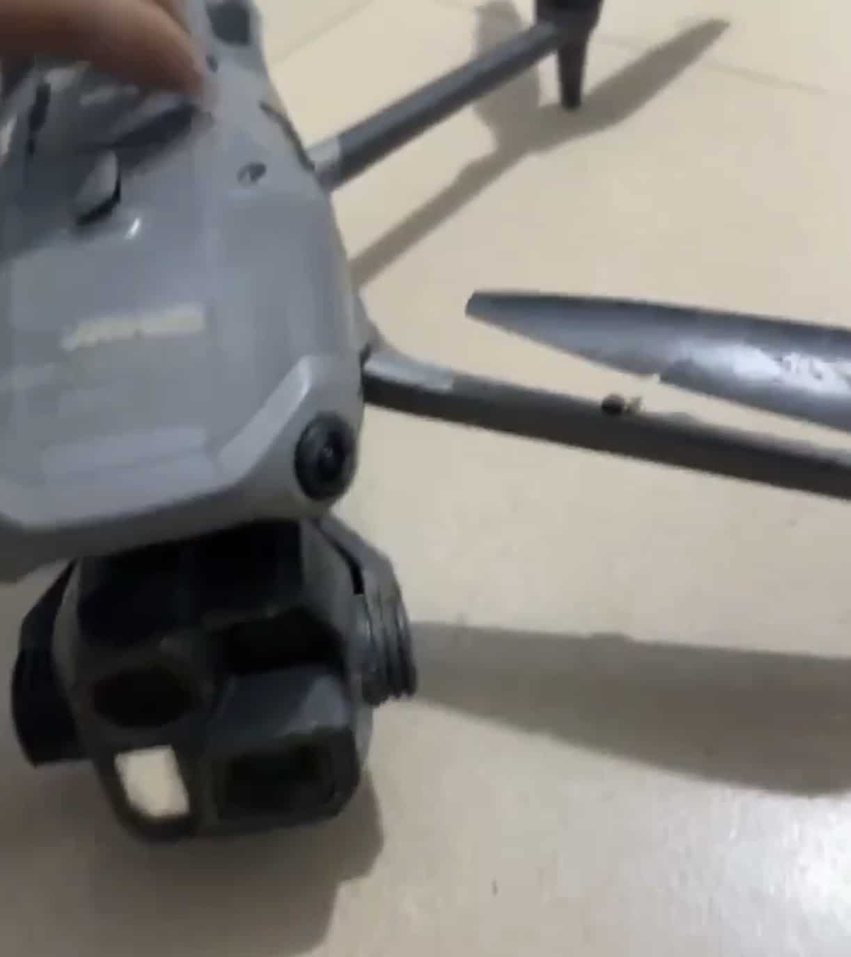 Close-up of the leaked prototype's multi-sensor gimbal and grey enterprise shell.