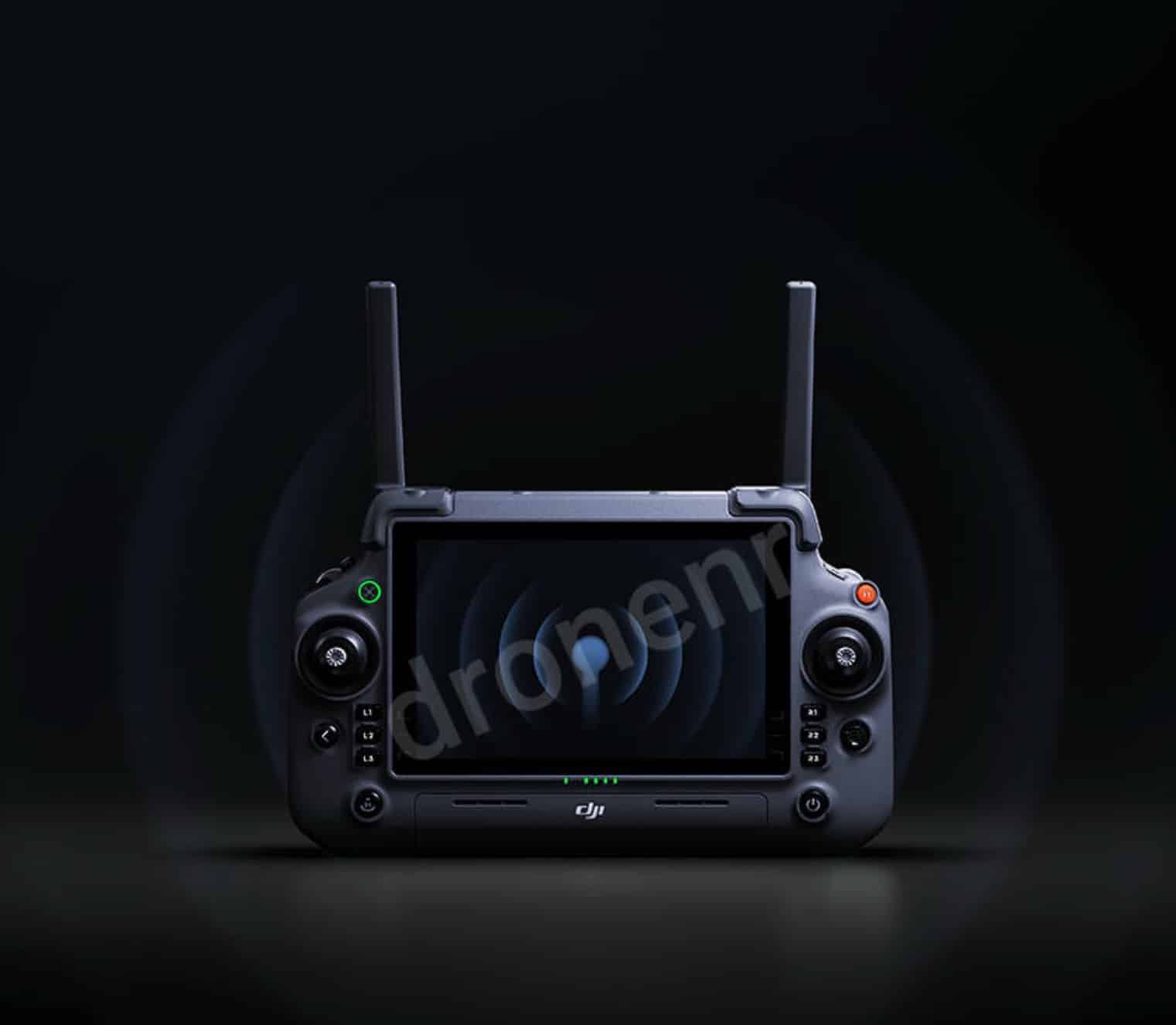 Leaked render of the DJI RC Plus 2 controller with raised antennas and screen.