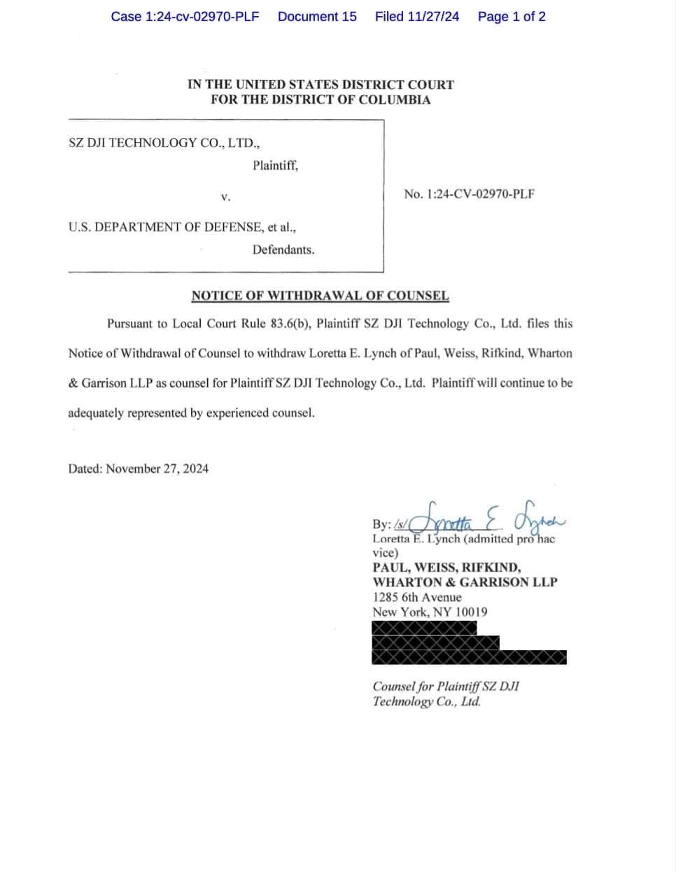 Court filing withdrawing Loretta Lynch as DJI counsel in the Pentagon lawsuit.