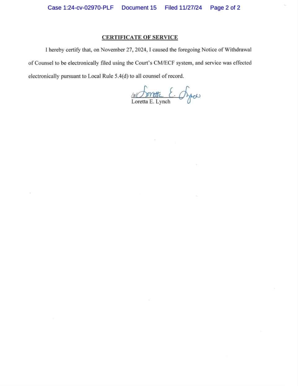 Certificate of service page confirming the withdrawal notice was filed electronically.