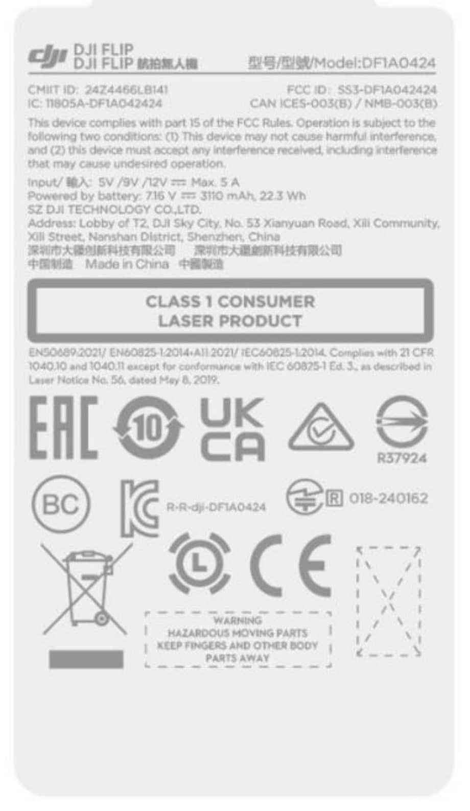 Regulatory label for the DJI Flip listing its model number and certification marks.