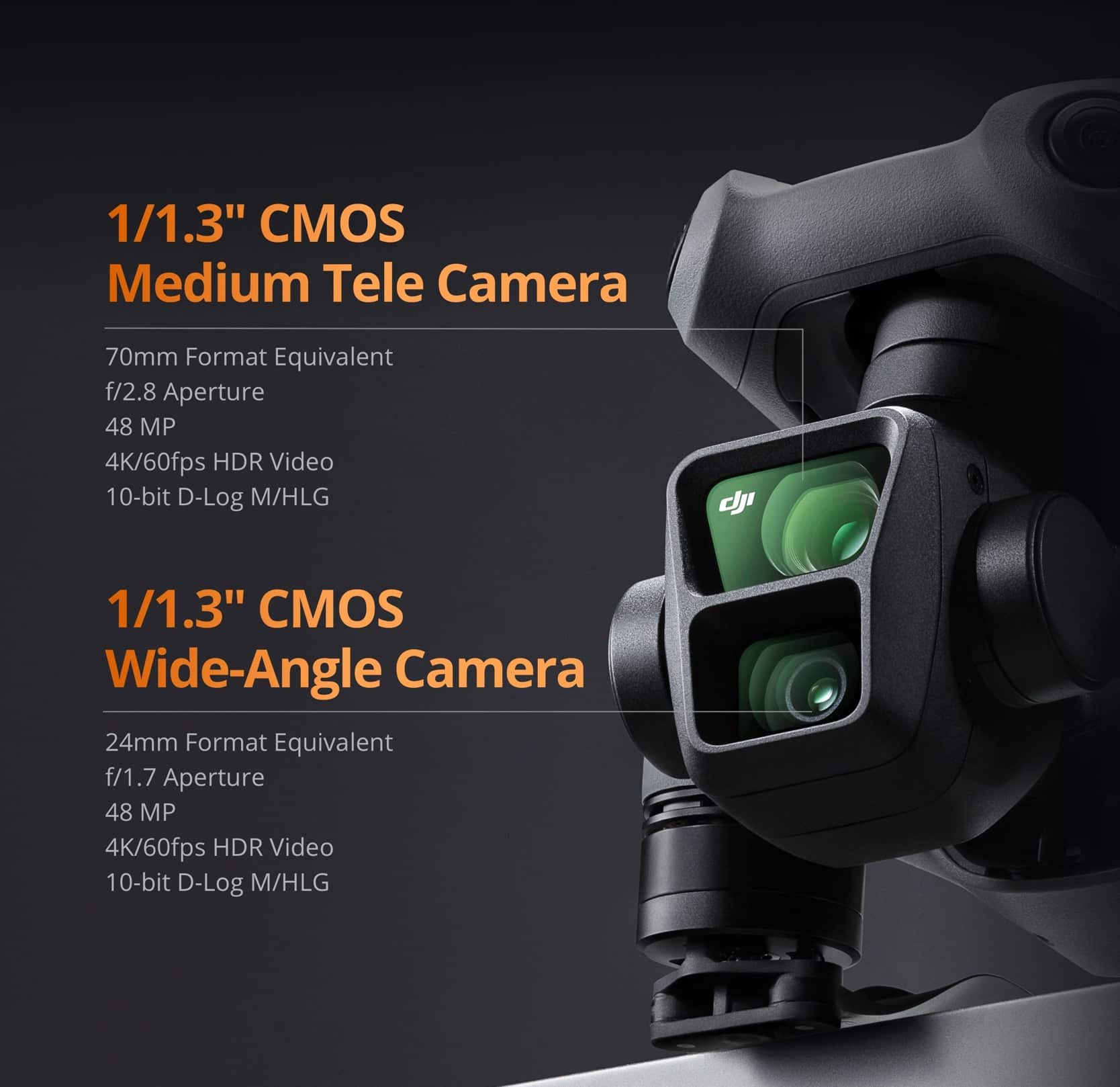 DJI Air 3 dual camera gimbal with medium tele and wide-angle specifications listed.