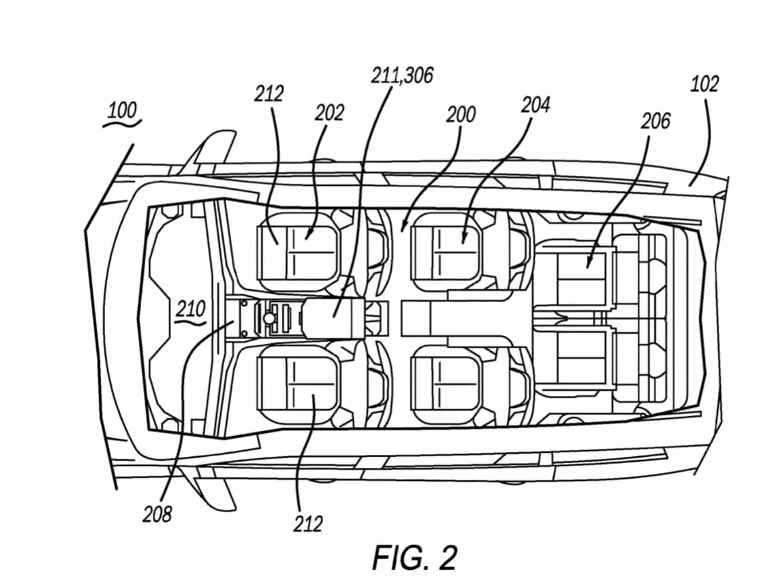 Jeep patent drawing labelled Figure 2 showing an overhead vehicle cabin layout.