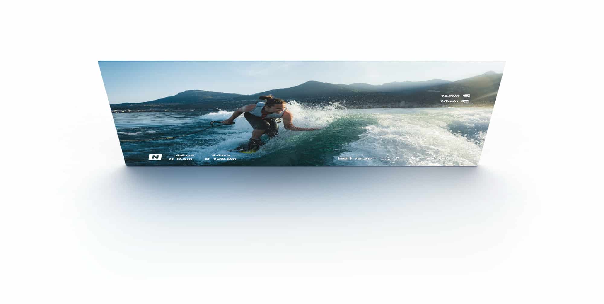 Ultra-wide screen render showing a wakesurfer with flight telemetry along the edges.