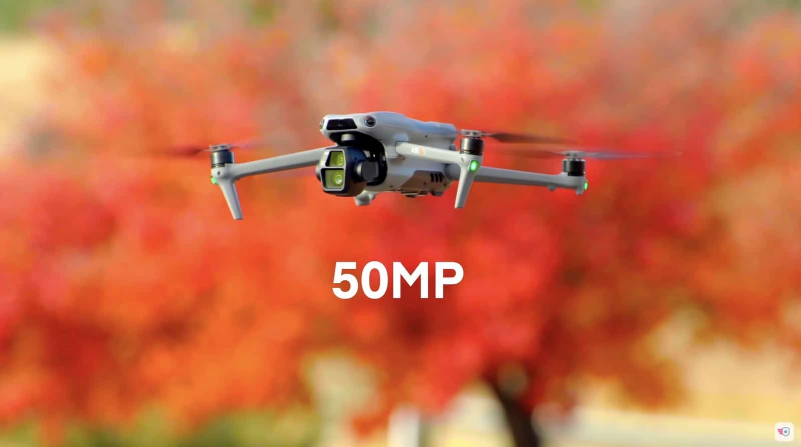 Close view of the DJI Air 3S front camera, a 50-megapixel f/1.8 sensor.