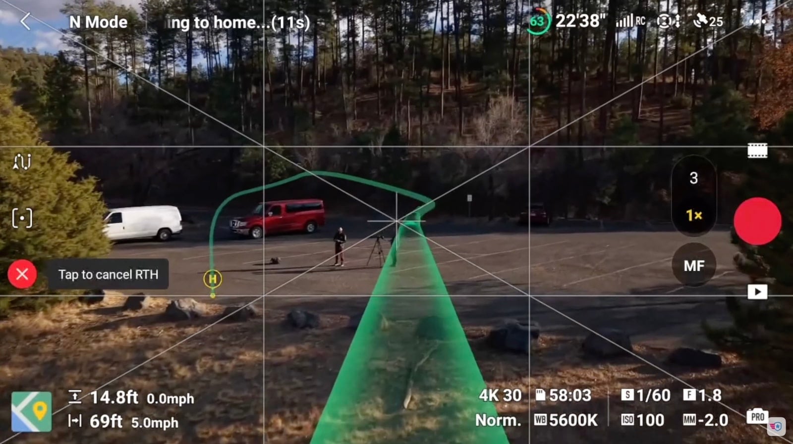 The controller screen mapping the Air 3S return-to-home path in 3D.