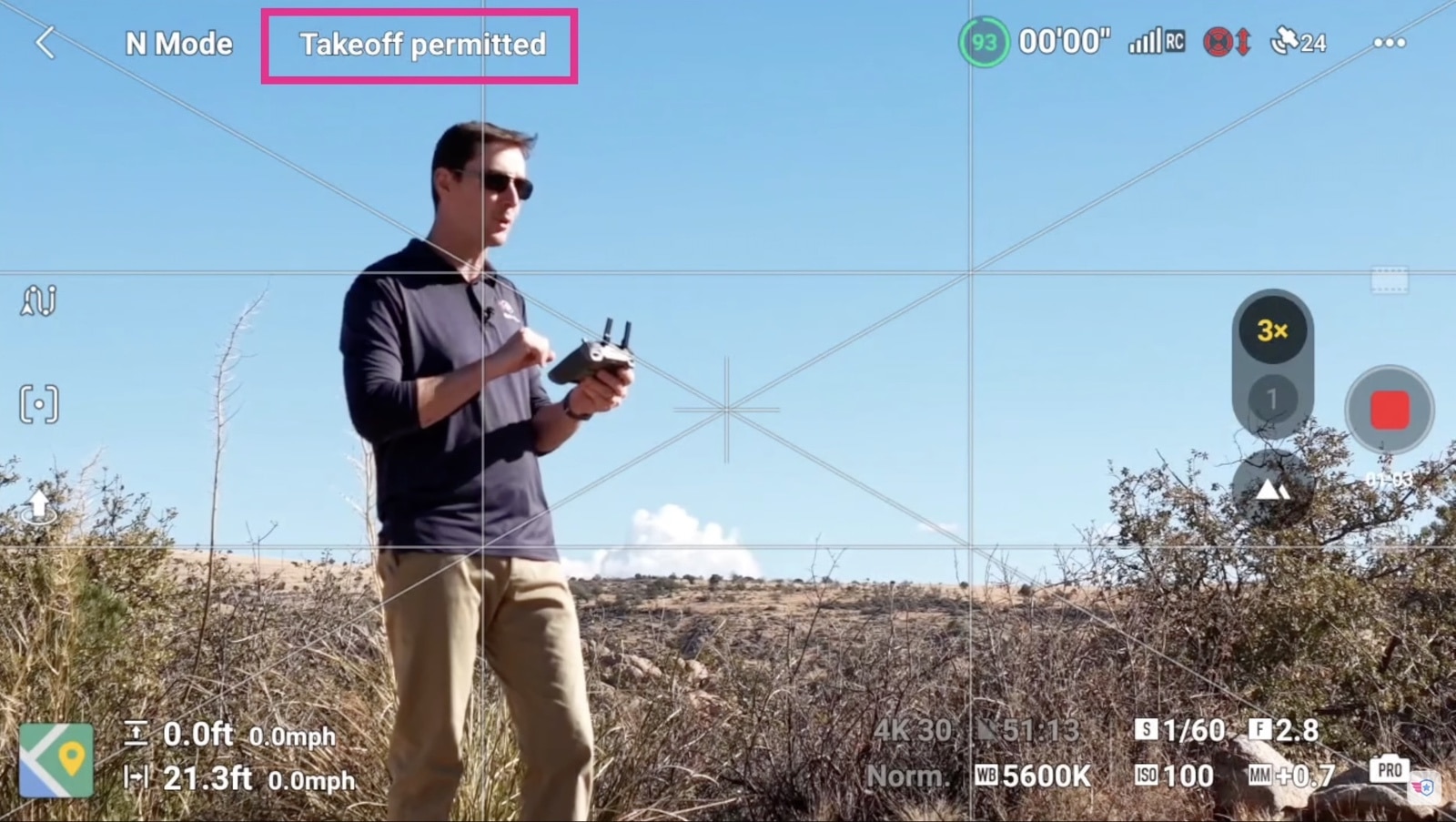 The DJI RC2 controller with its built-in screen and normal, sport and cine switch.