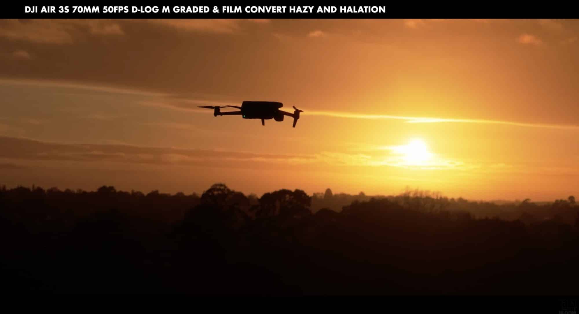 Test frame of a drone silhouetted at sunset labeled Air 3S 70mm D-Log M.