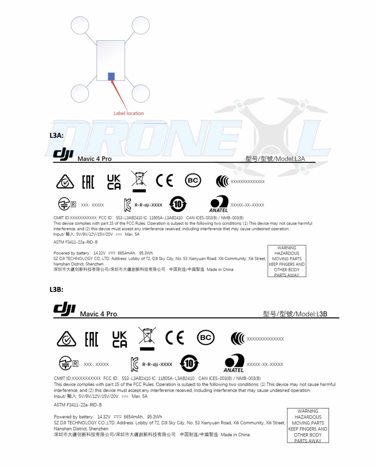 FCC filing label sheet for the DJI Mavic 4 Pro with regulatory markings.