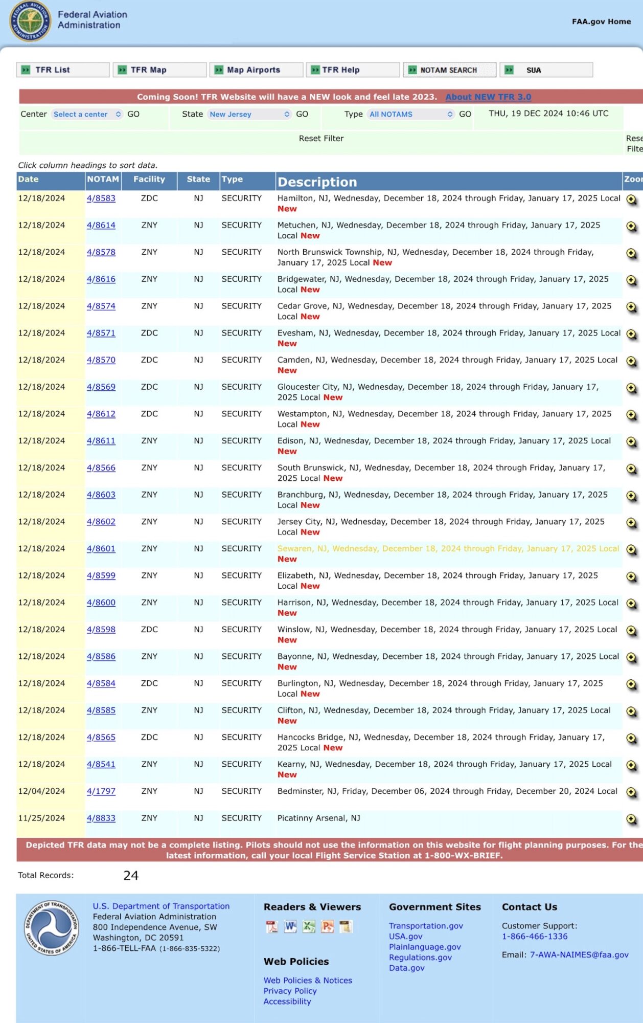 Screenshot of the FAA temporary flight restriction list showing 24 New Jersey security entries.
