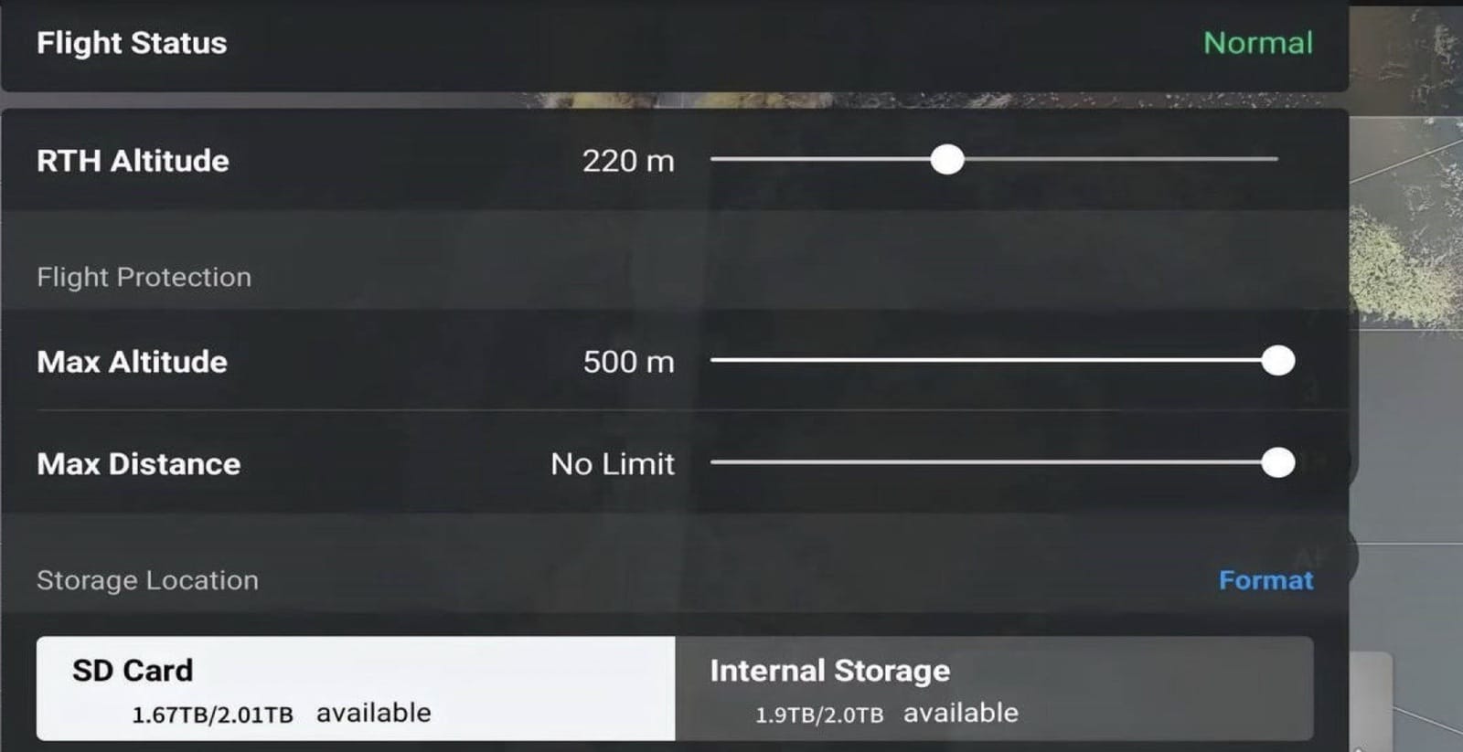 Screenshot of the controller storage menu listing 2TB of internal capacity on the Mavic 4 Pro.