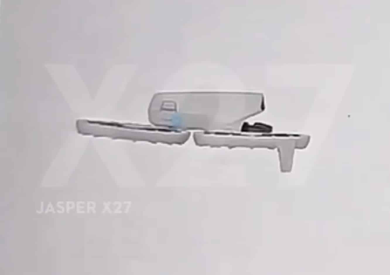 Blurred leak image of a folded ducted-propeller drone with a Jasper X27 watermark.