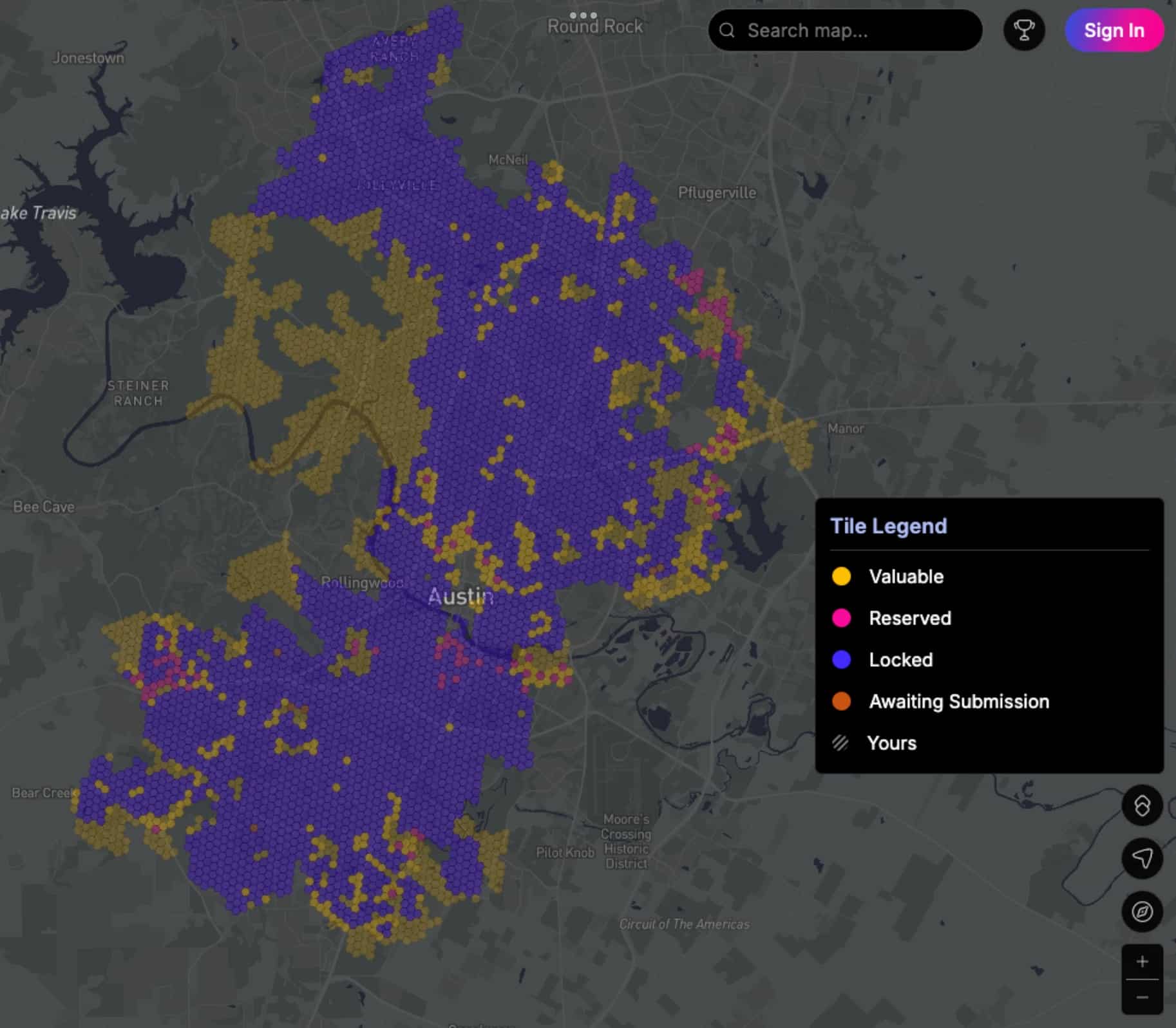 Hexagonal 24-acre capture plots tiled across a target area in the Spexi platform.