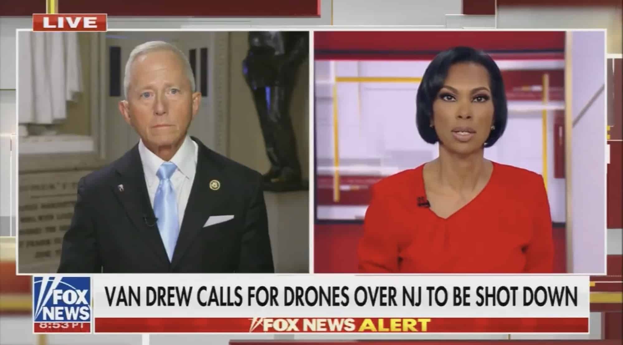 Fox News split screen as Rep. Van Drew discusses shooting down New Jersey drones.