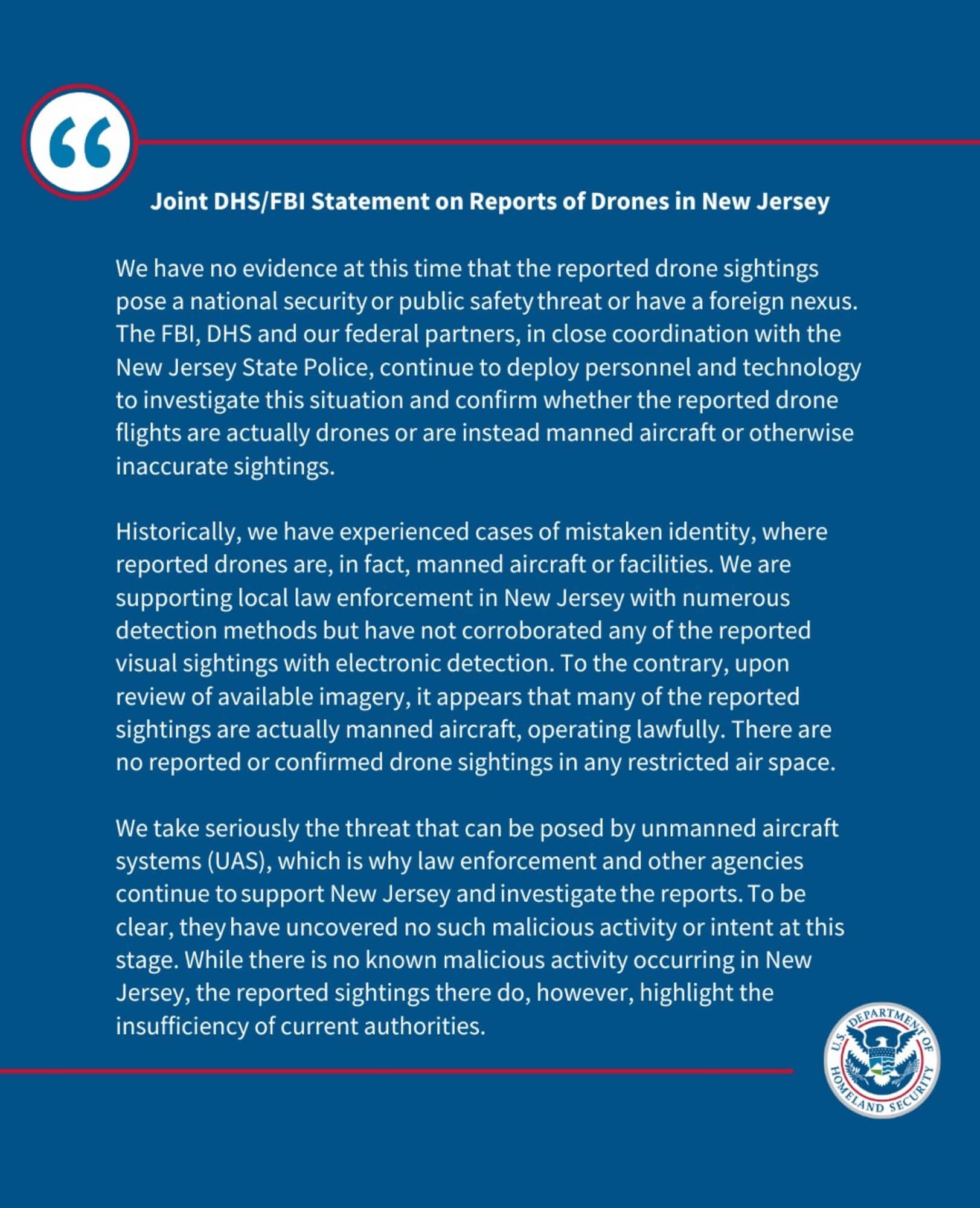 Joint homeland security and FBI statement on reported New Jersey drone sightings.