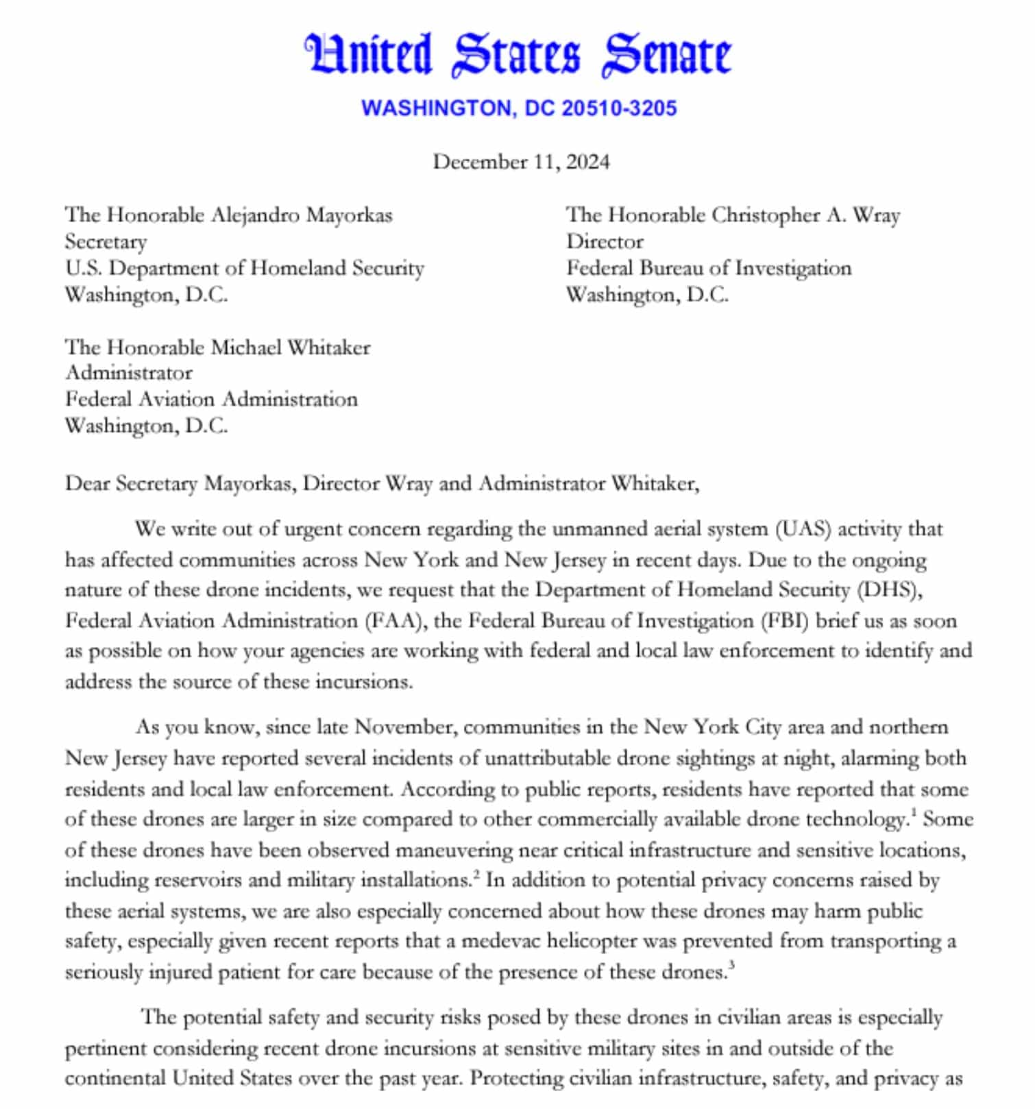 Screenshot of the senators letter to homeland security, FBI and FAA leaders.