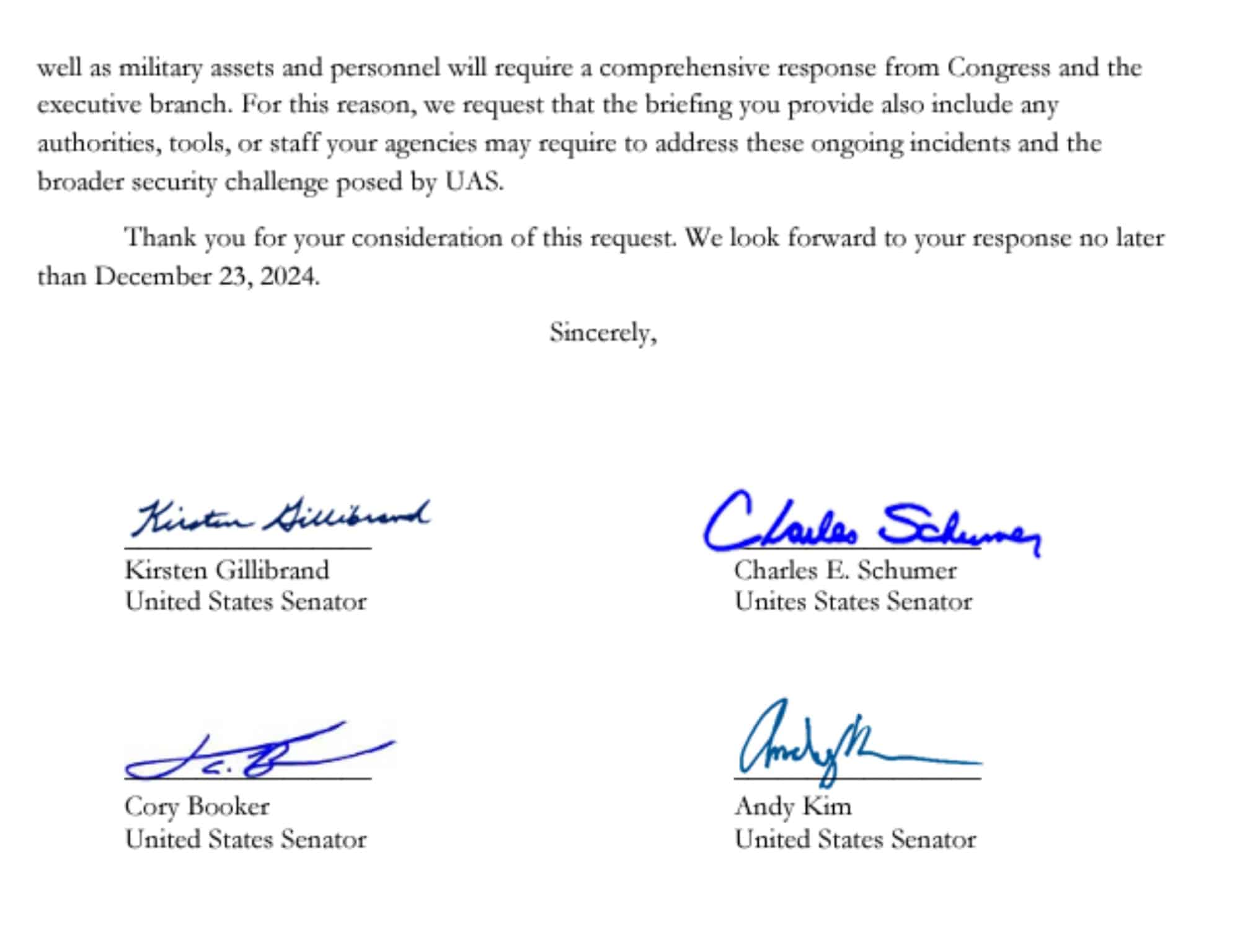 Closing page of the senate letter signed by four United States senators.