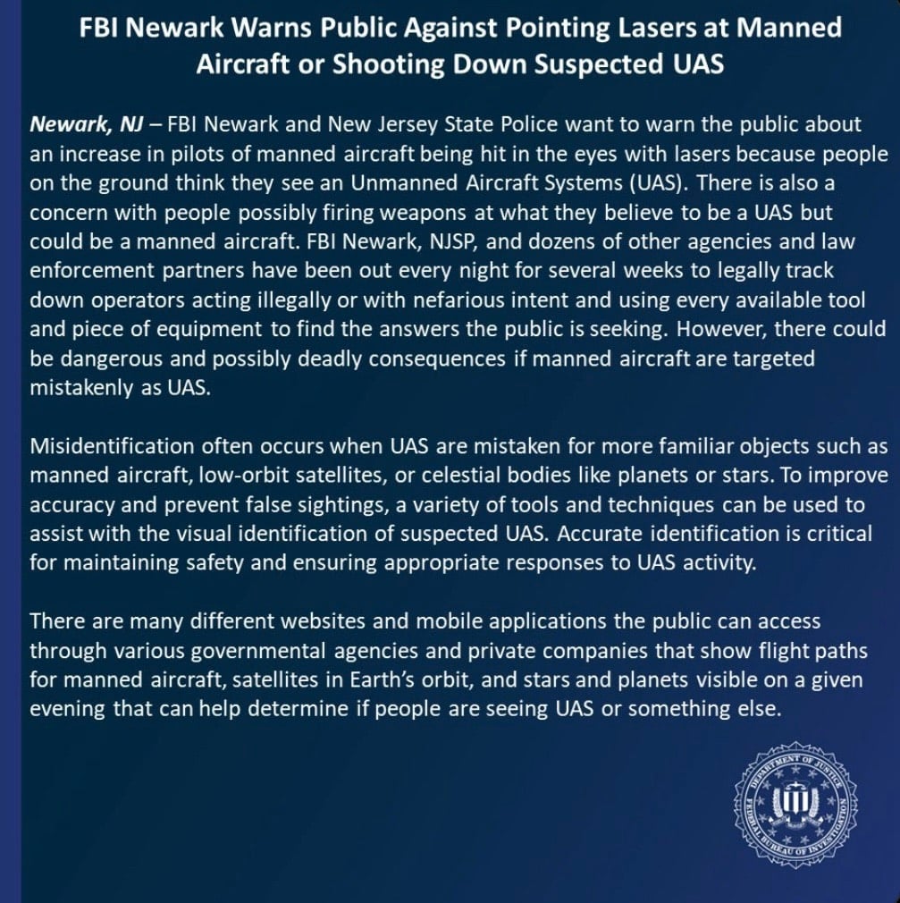 FBI Newark advisory warning the public against pointing lasers at manned aircraft.