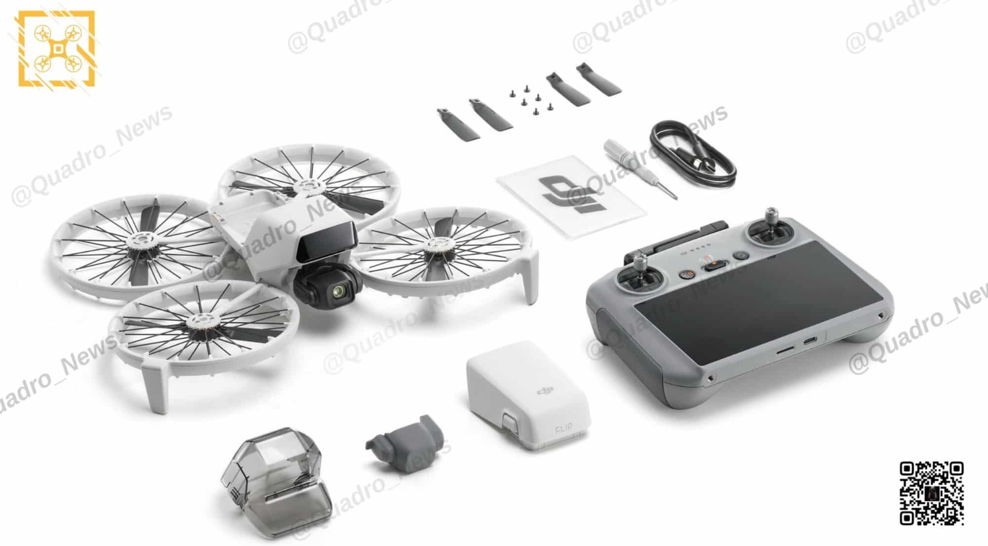 Leaked kit layout with the DJI Flip, a screen controller and one battery.