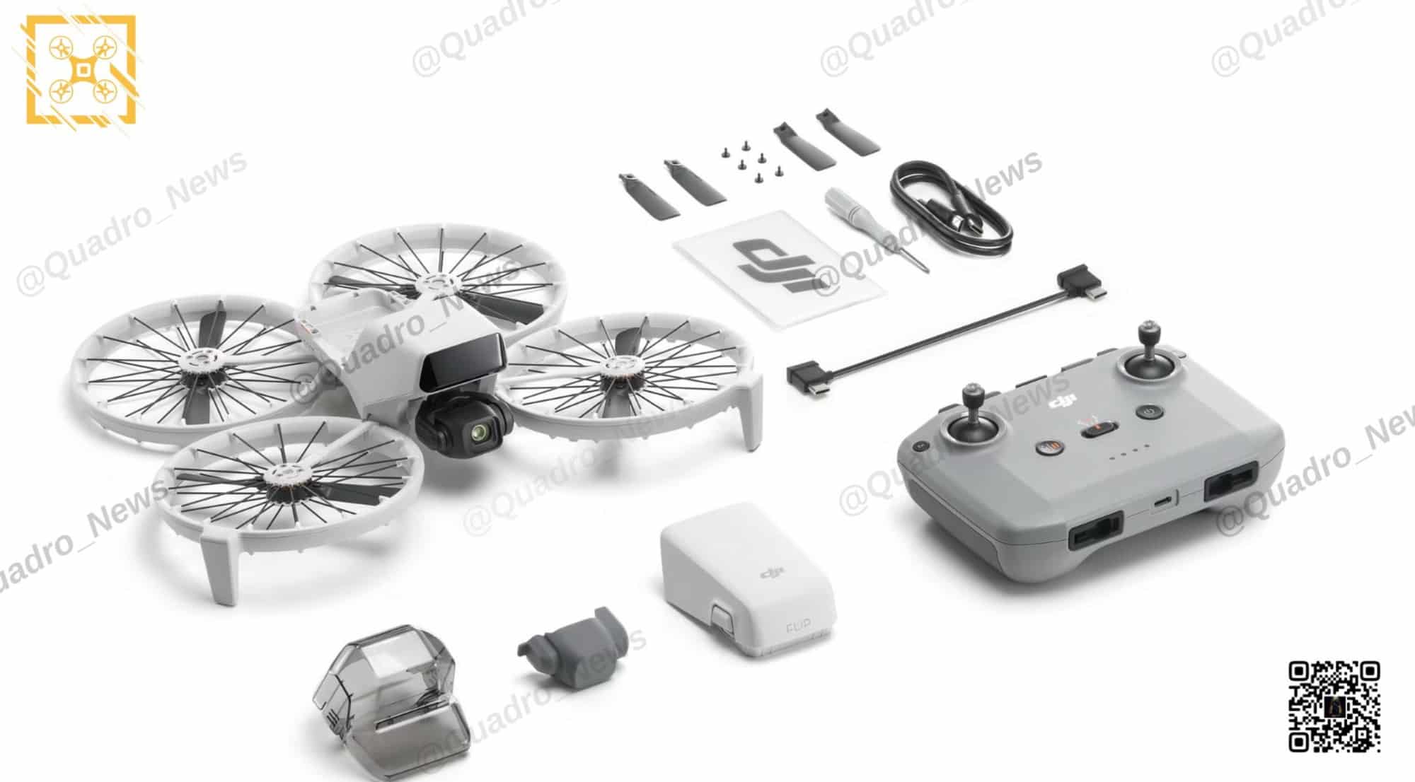 Second kit layout showing the controller's ports and spare propeller blades.