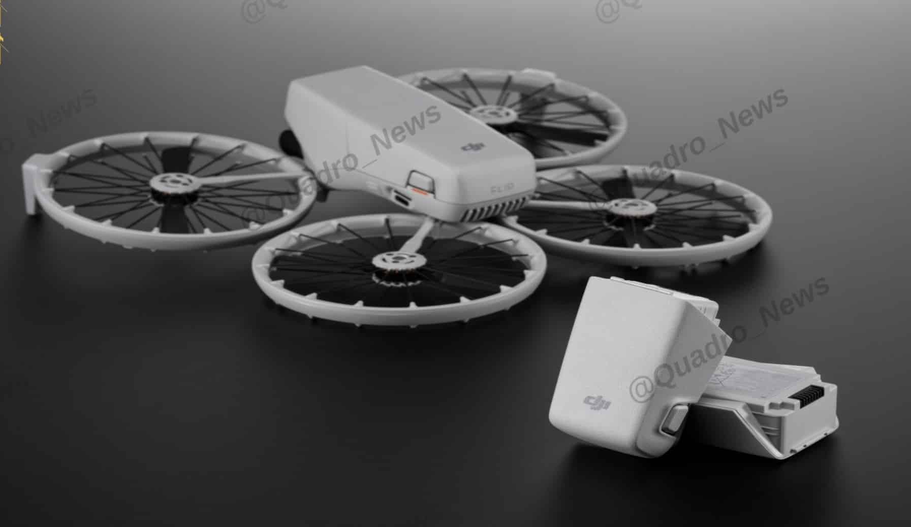 Leaked render of the white DJI Flip beside its battery and charging base.