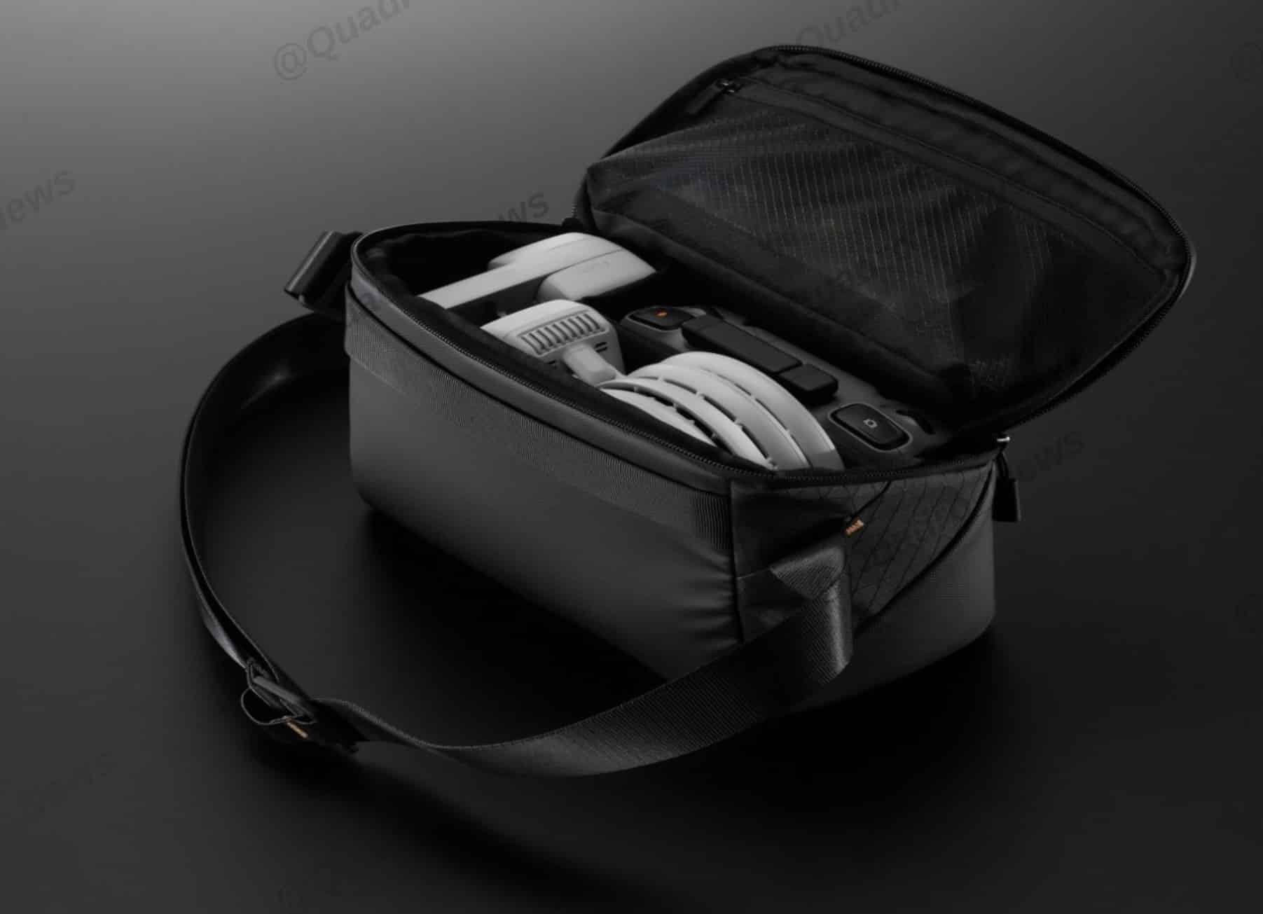 Open shoulder bag holding the folded DJI Flip and its accessories.