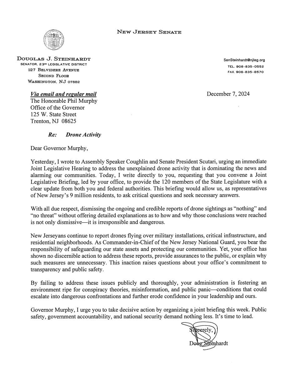 New Jersey Senate letter to the governor demanding action on drone sightings.