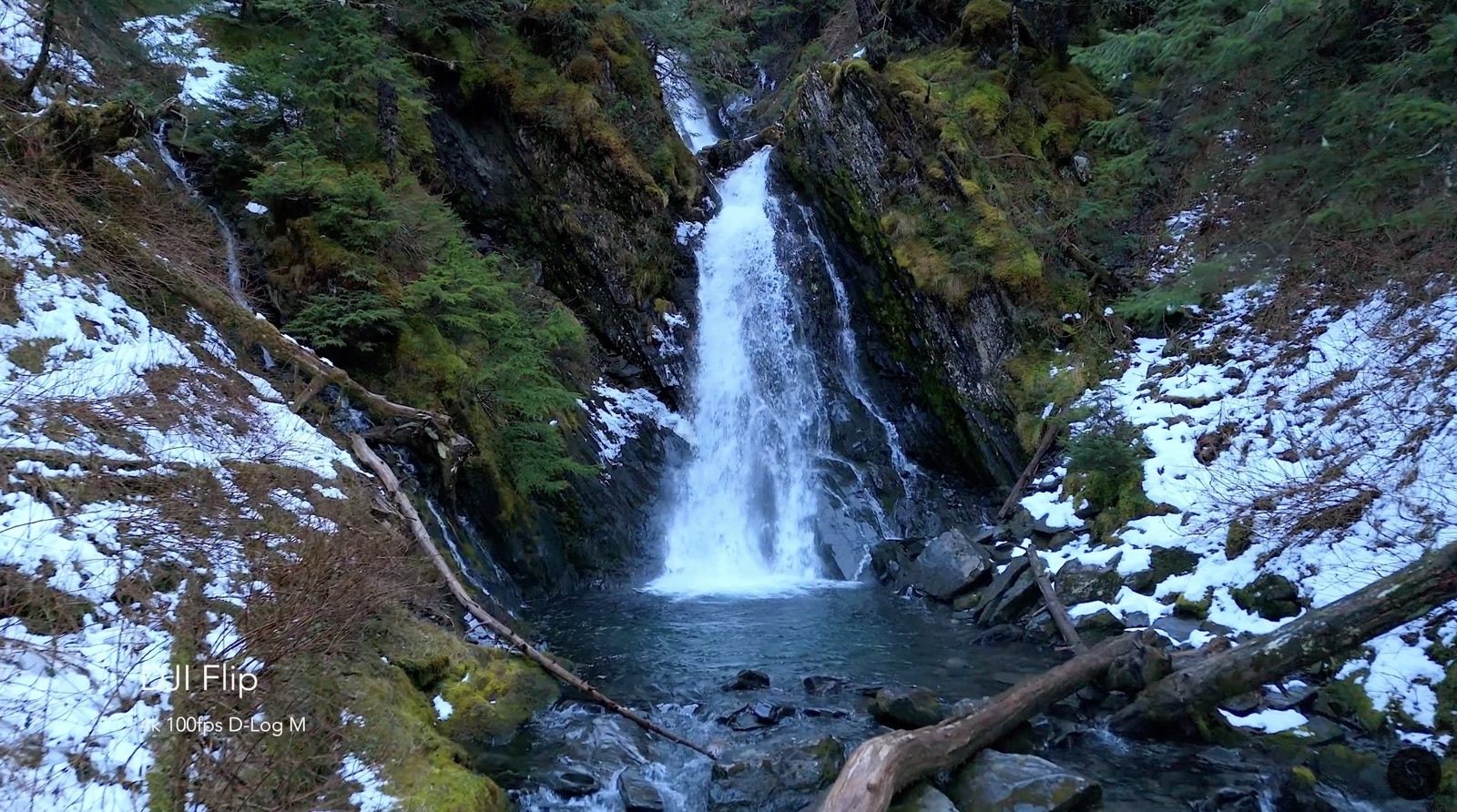 Waterfall pouring into a plunge pool in a snow-dusted mossy gorge.