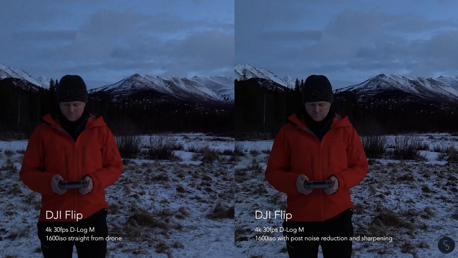 Side-by-side dusk frames comparing raw ISO 1600 footage with post noise reduction.