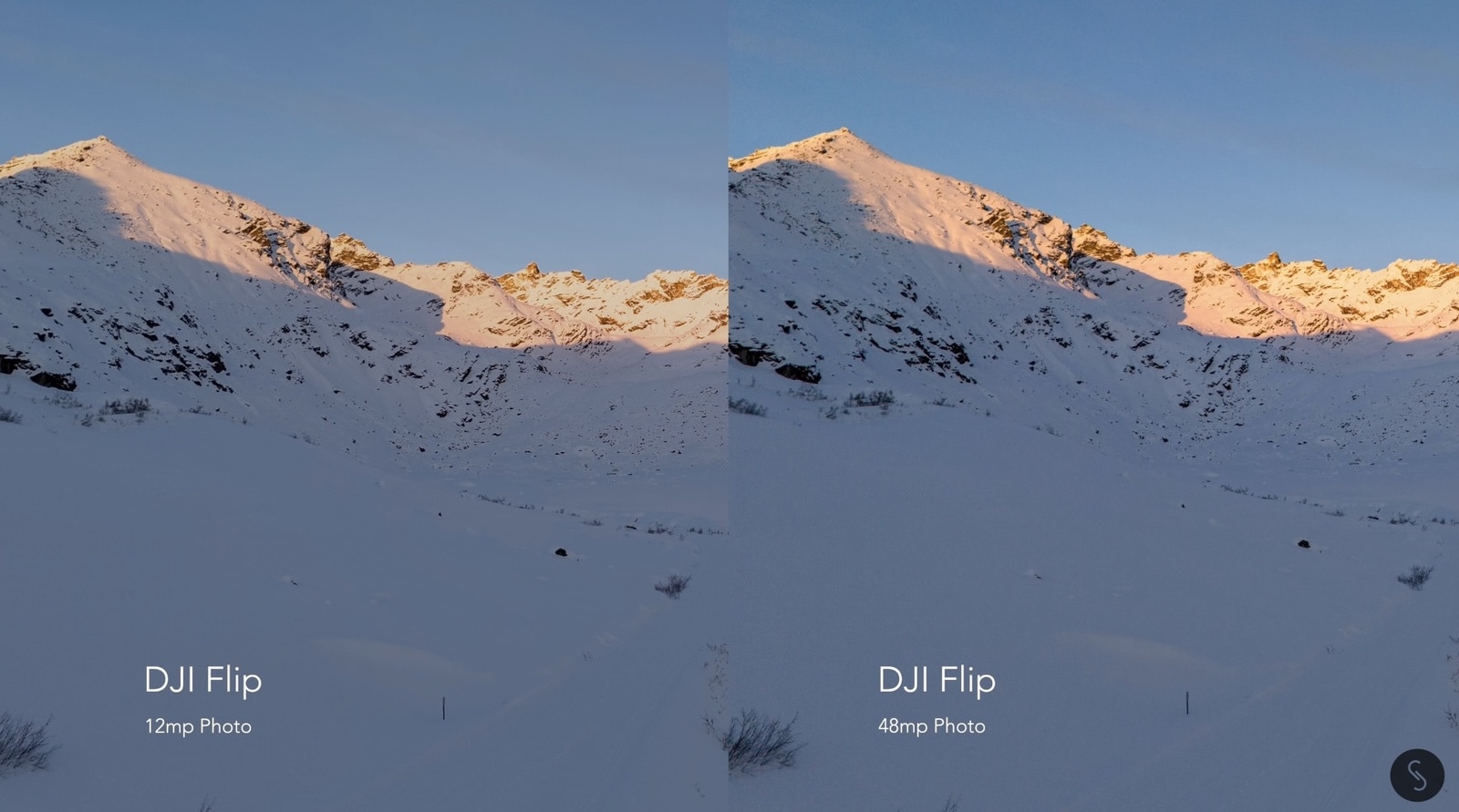 Side-by-side 12-megapixel and 48-megapixel stills of a sunlit snowy ridge.