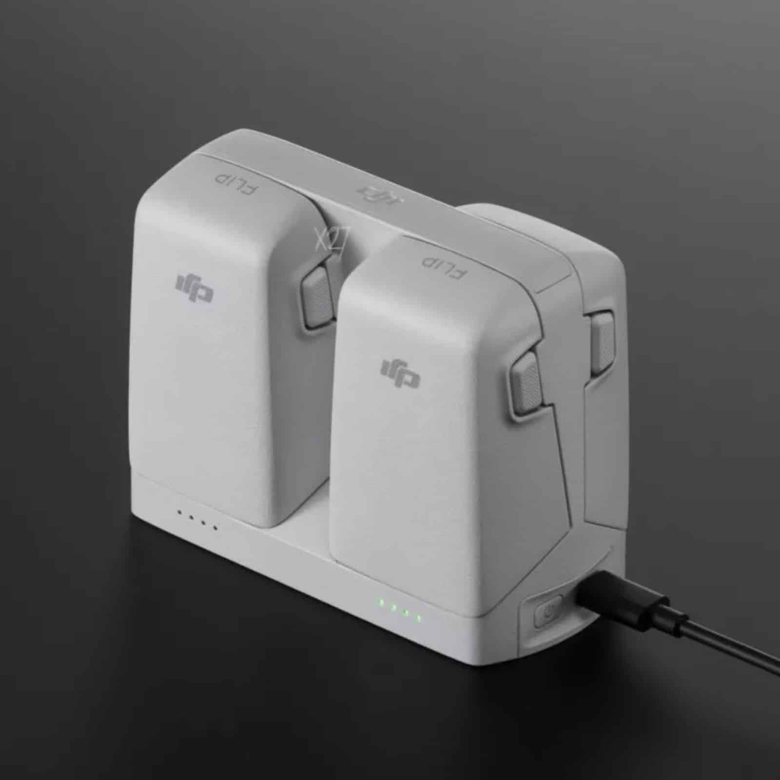 Render of the dual-battery charging station holding two Flip batteries on USB-C.